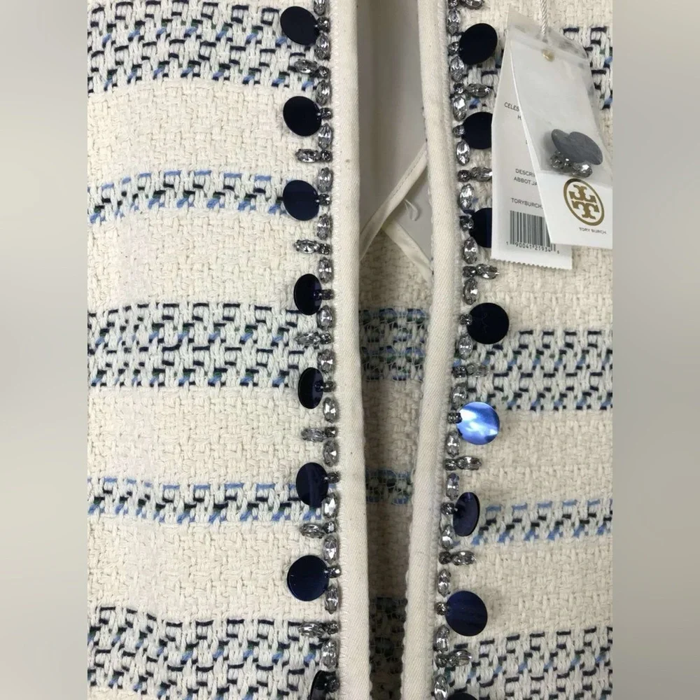 NWT $495 Tory Burch Abbot Embellished Striped Tweed Jacket